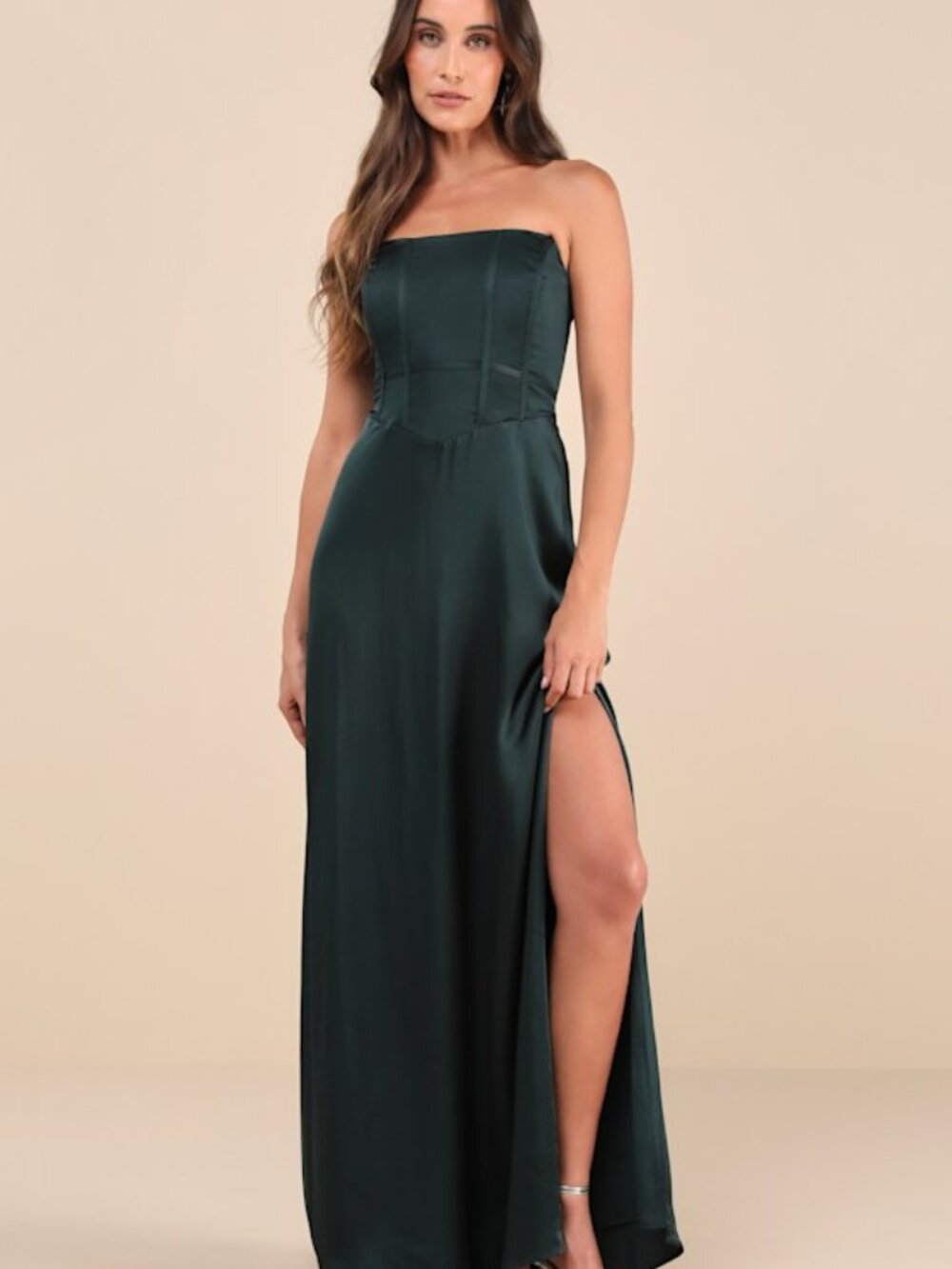 Lulus Extraordinary Presence Dark Green Satin Strapless Maxi Dress - Size XL